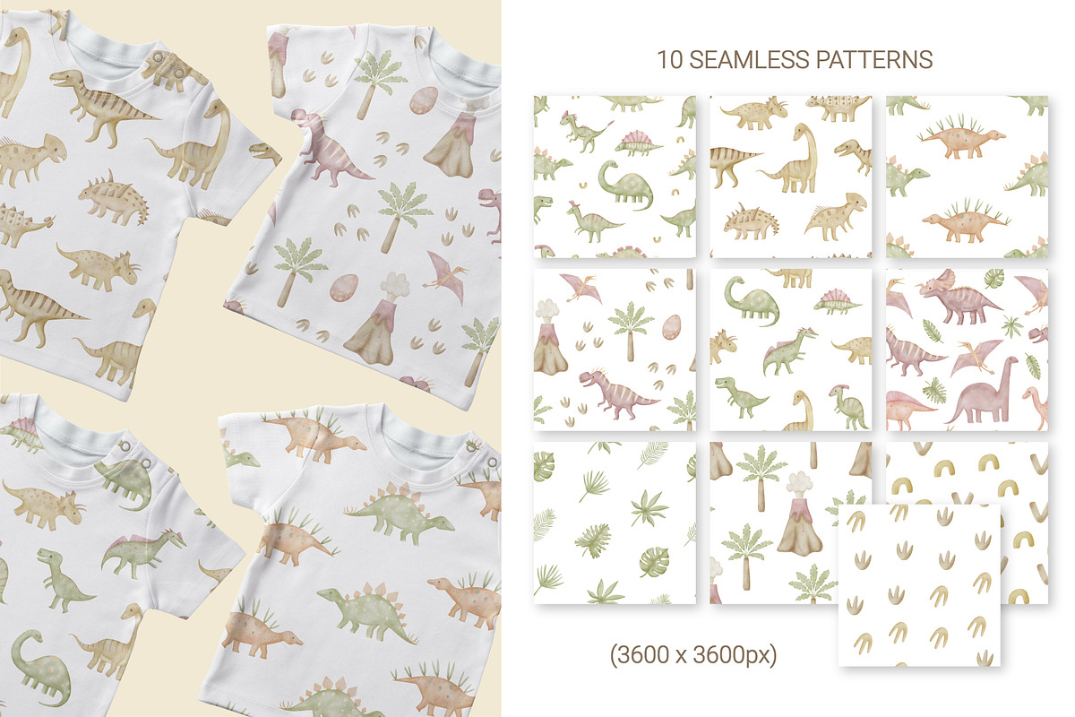 Dinosaur Watercolor Clipart, Pattern, an Object Graphic by NinaFedorova (Photo 3 of 10)