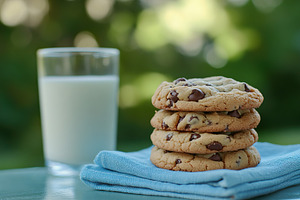 Delicious chocolate chip cookies stacked beside a glass of milk on a sunny day, a Food & Drink Photo by AlyaAnd