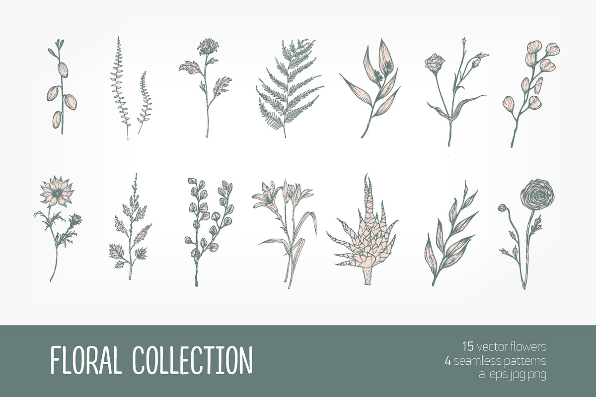 Hand drawn flowers set and seamless, a Decorative Illustration by Good Studio (Photo 1 of 11)