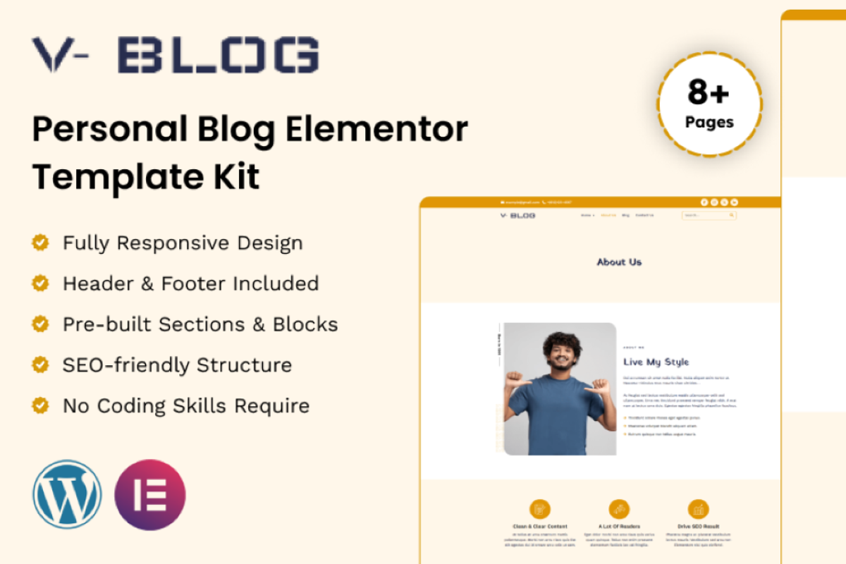 V-Blog Personal Blog Elementor Kit, a WordPress Template by Techeshta Solutions (Photo 1 of 5)