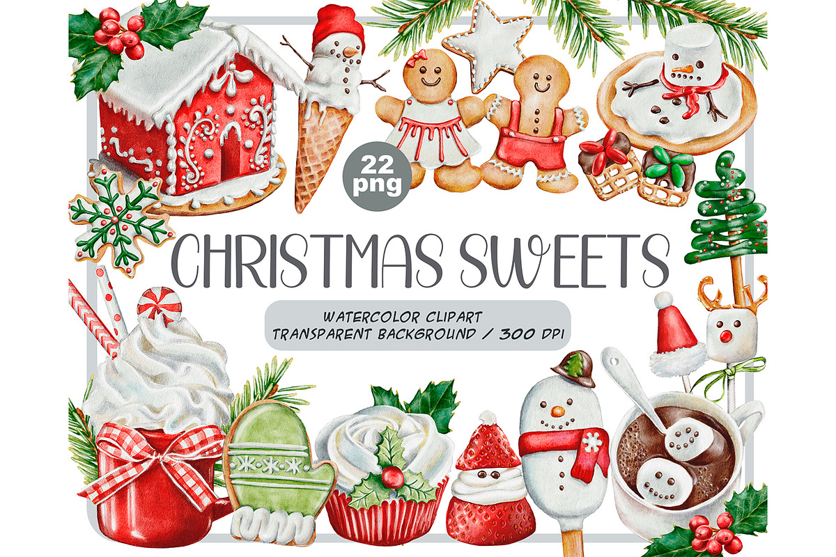 Watercolor christmas sweets clipart, a Decorative Illustration by ArtfulStudio (Photo 1 of 10)