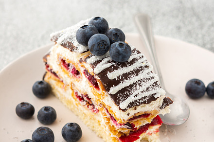 Piece of cake with blueberries, a Food & Drink Photo by Pandateam