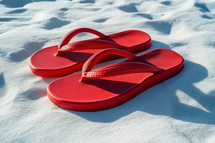 Bright red flip flops resting on the warm white sand of a sunny beach, a Beauty & Fashion Photo by AlyaAnd