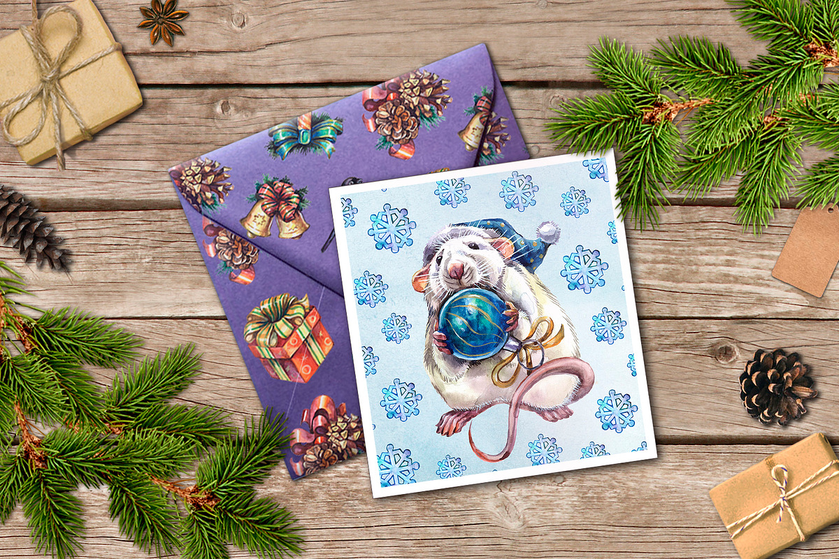 Christmas Rats Watercolor set, an Animal Illustration by Green_leaf_17 (Photo 5 of 5)