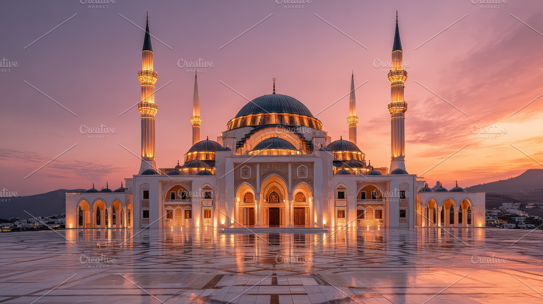 Majestic Mosque Sunset Glow Illumina, a Photo by Pixeness Studio