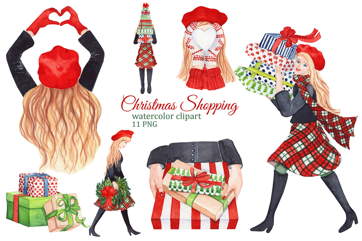 Christmas shopping girl clipart, an Illustration by s.yanyeva (Photo 1 of 3)