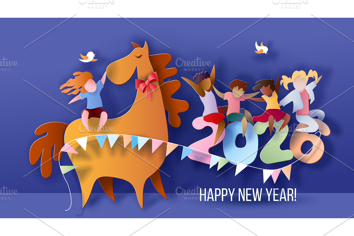 Child girl riding horse new year, a Person Illustration by Valenty