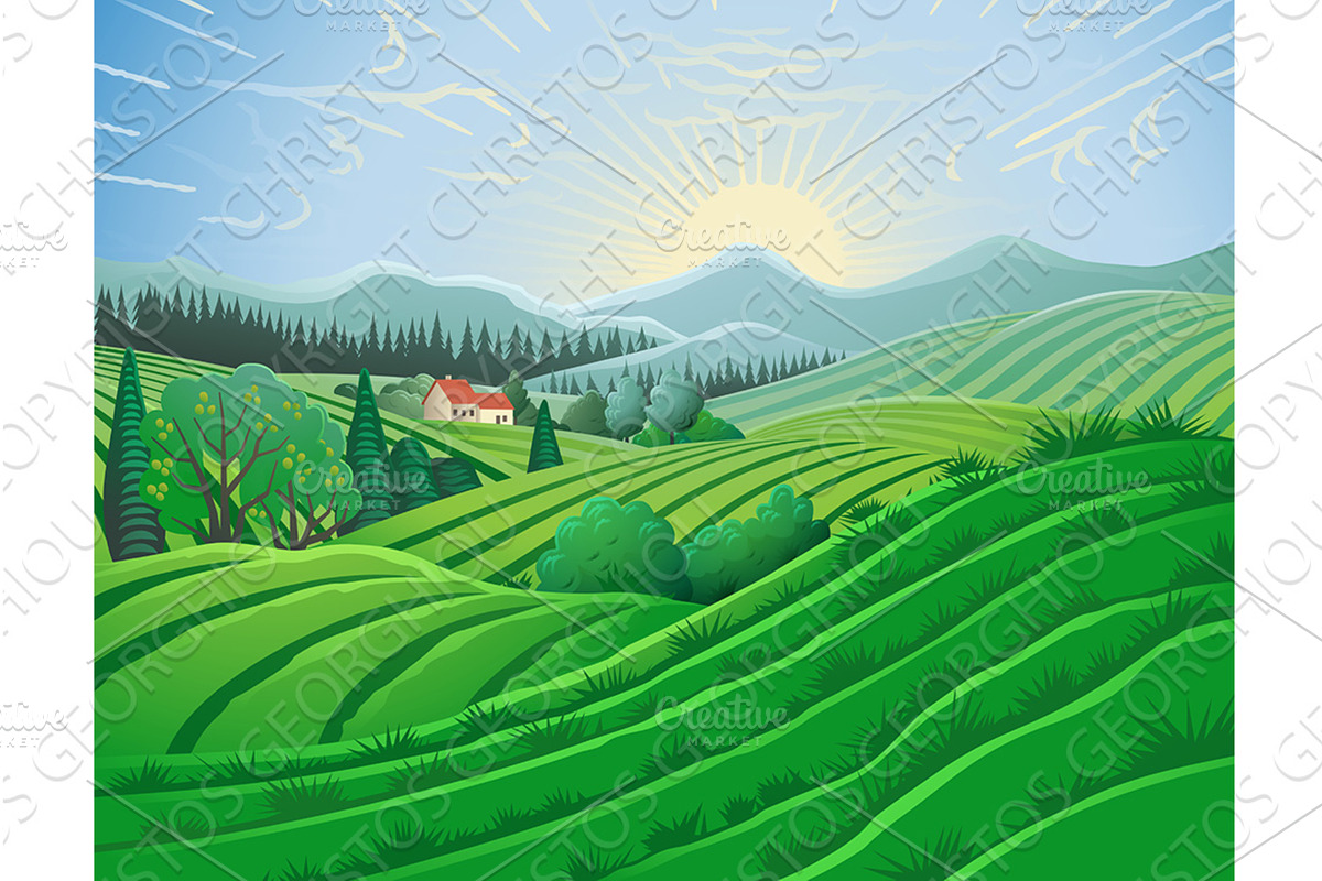 Fields Hills Farm House Landscape, a Texture Illustration by Christos Georghiou