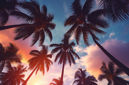 Bottom view of palm trees at sunset, a Nature Photo by AlyaAnd