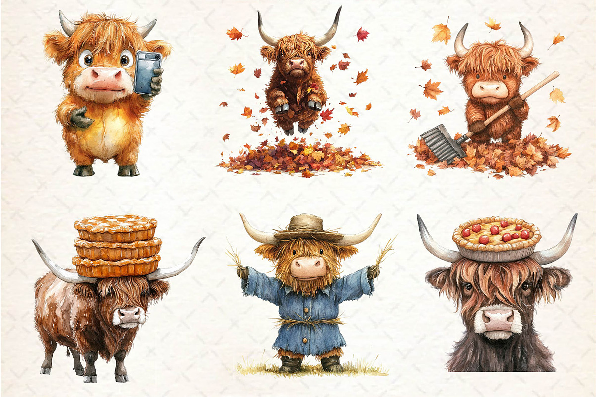 Autumn Funny Highland Cow Clipart, an Illustration by Dream Creation (Photo 3 of 6)
