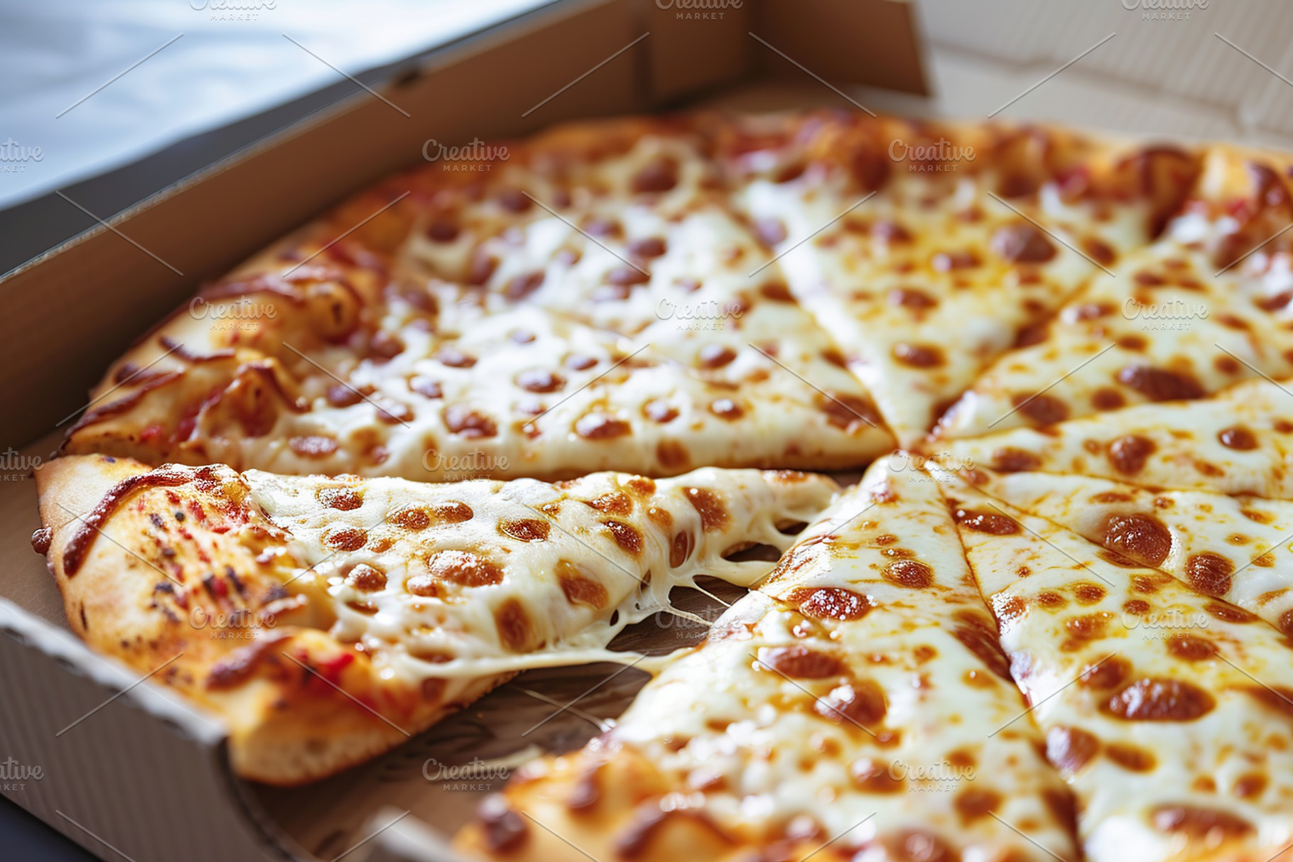 Fresh homemade cheese pizza in cardboard box, a Food & Drink Photo by AlyaAnd
