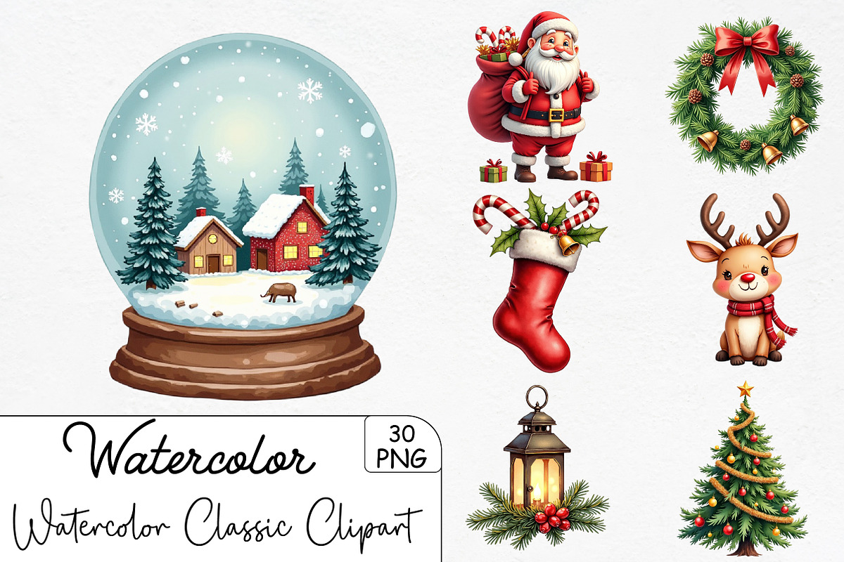 Watercolor Classic Christmas Clipart, an Illustration by CrexoraLab (Photo 1 of 5)