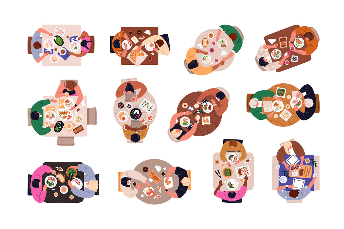 People eating at table top view set, a Food Illustration by Good Studio