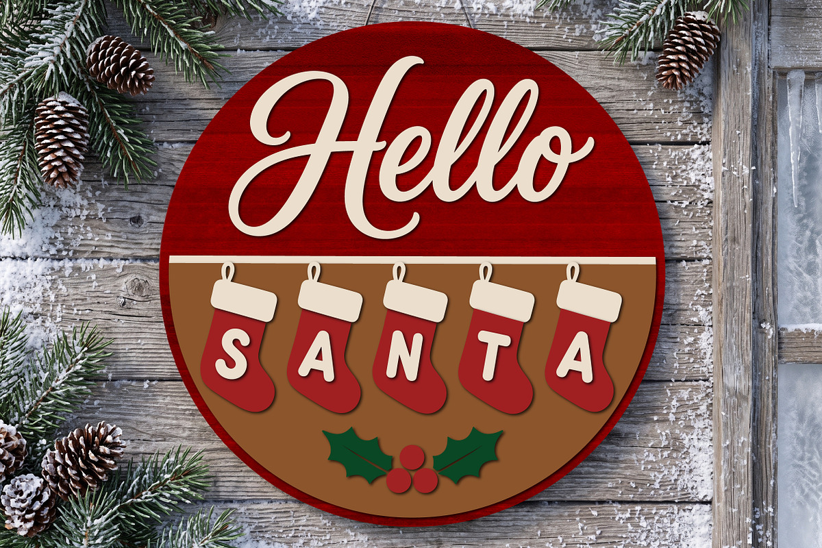 Hello Santa Door Hanger SVG, Round, an Object Graphic by Libby Wishes (Photo 3 of 3)