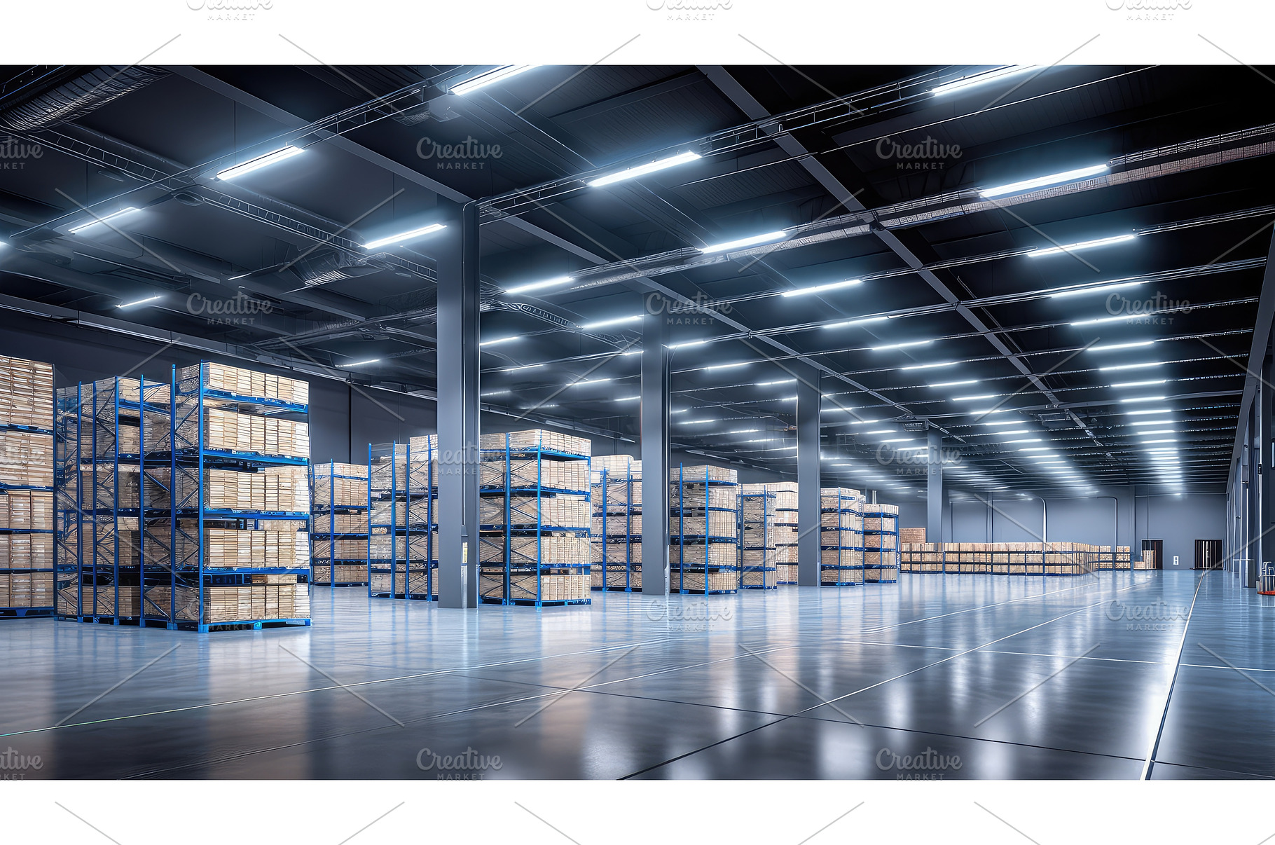 ceiling warehouse lighting ai, an Industrial Photo by pikepicture