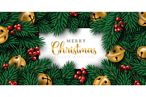 Gold jingle bells fir tree banner, an Illustration by kotoffei