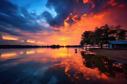 Beautiful sunset on the lake with re, a Photo by Iftikhar Alam