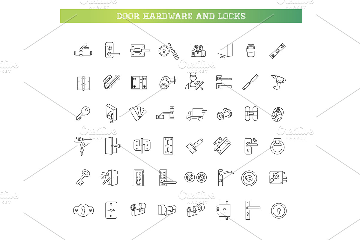 Door Hardware and Locks Line Icons, an Outline Icon by Tettygreen (Photo 1 of 2)