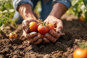 Hands carefully harvesting ripe tomatoes in a sunlit garden, a Food & Drink Photo by AlyaAnd