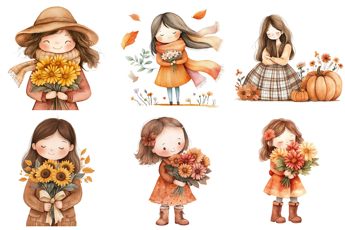 Girls with Fall Flowers Clipart, an Illustration by Watercolor design (Photo 5 of 5)