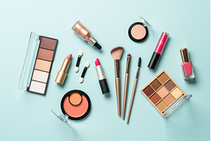 Beauty products on blue background., a Beauty & Fashion Photo by Nadia-nb