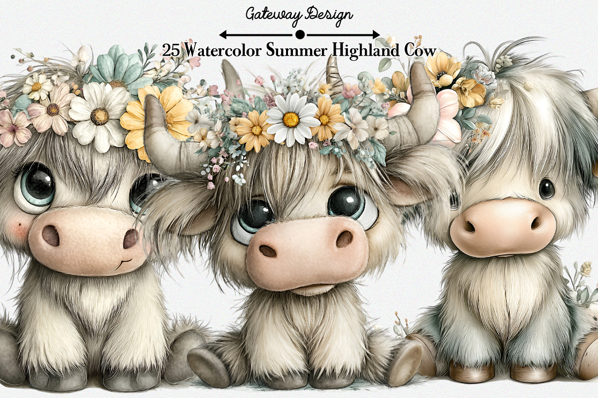 Watercolor Summer Highland Cow Clipa, an Illustration by GatewayDesign (Photo 1 of 5)