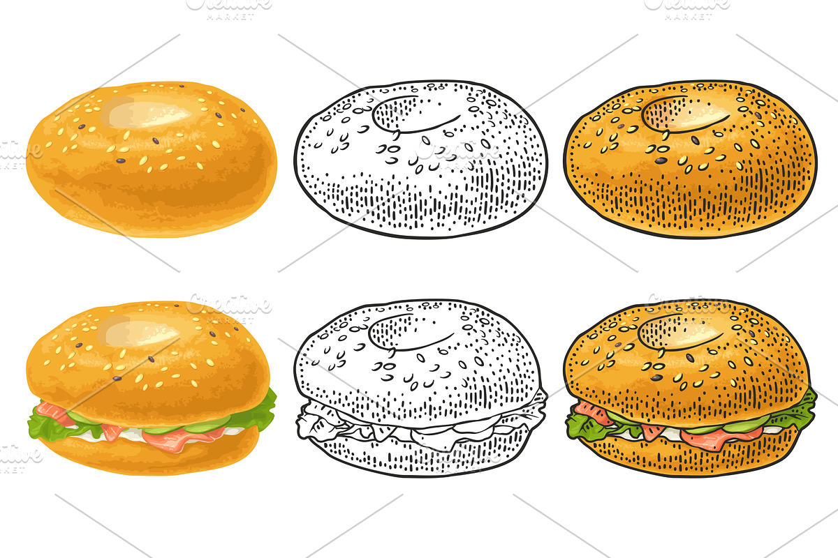 Bagel with salmon. Vector color hand, a Food Illustration by MoreVector