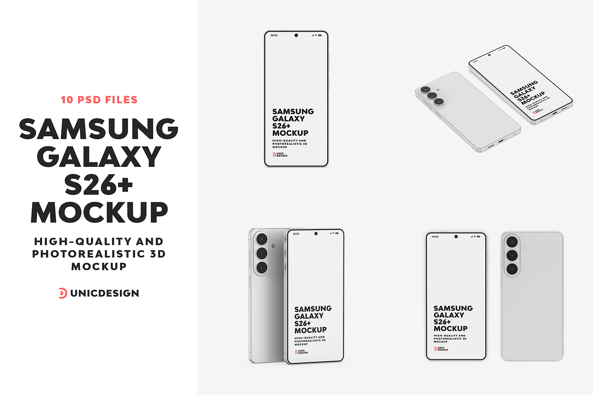 Samsung Galaxy S26+ Phone Mockup, an Android Mockup by UnicDesign (Photo 1 of 11)