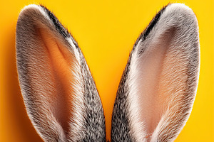Grey bunny with large ears on bright yellow background creates a whimsical atmo, an Animal Photo by AlyaAnd