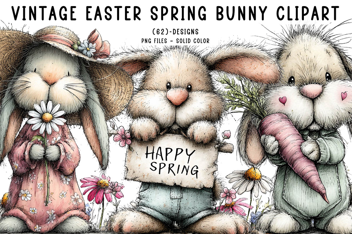 Vintage easter spring bunny clipart, an Illustration by CreationArt (Photo 1 of 7)