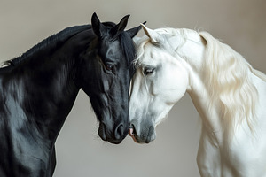A striking contrast between a black stallion and a white horse, showcasing grac, an Animal Photo by ImageMir