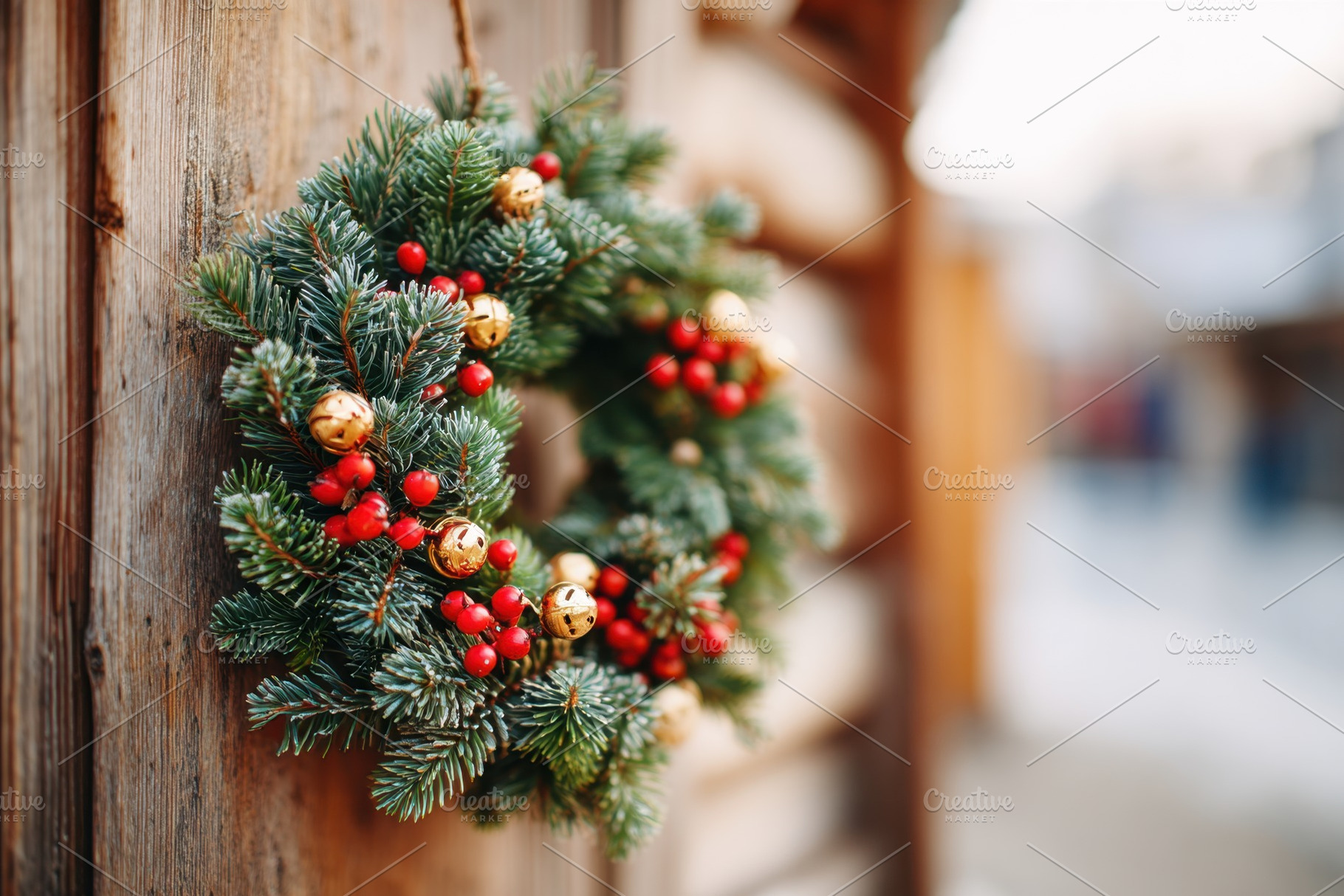 Festive christmas wreath with red berries and golden bells, a Holiday Photo by AlyaAnd