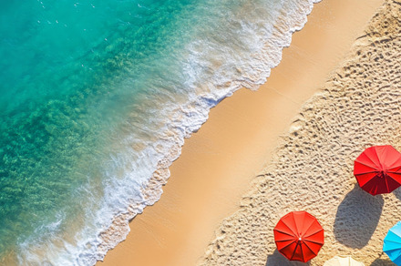 Aerial View of Colorful Beach Umbrellas by the Ocean, an Abstract Photo by Natalia Klenova's Shop