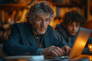 A thoughtful senior man and a young man collaborate on a laptop in a cozy, diml, a Person Photo by ImageMir