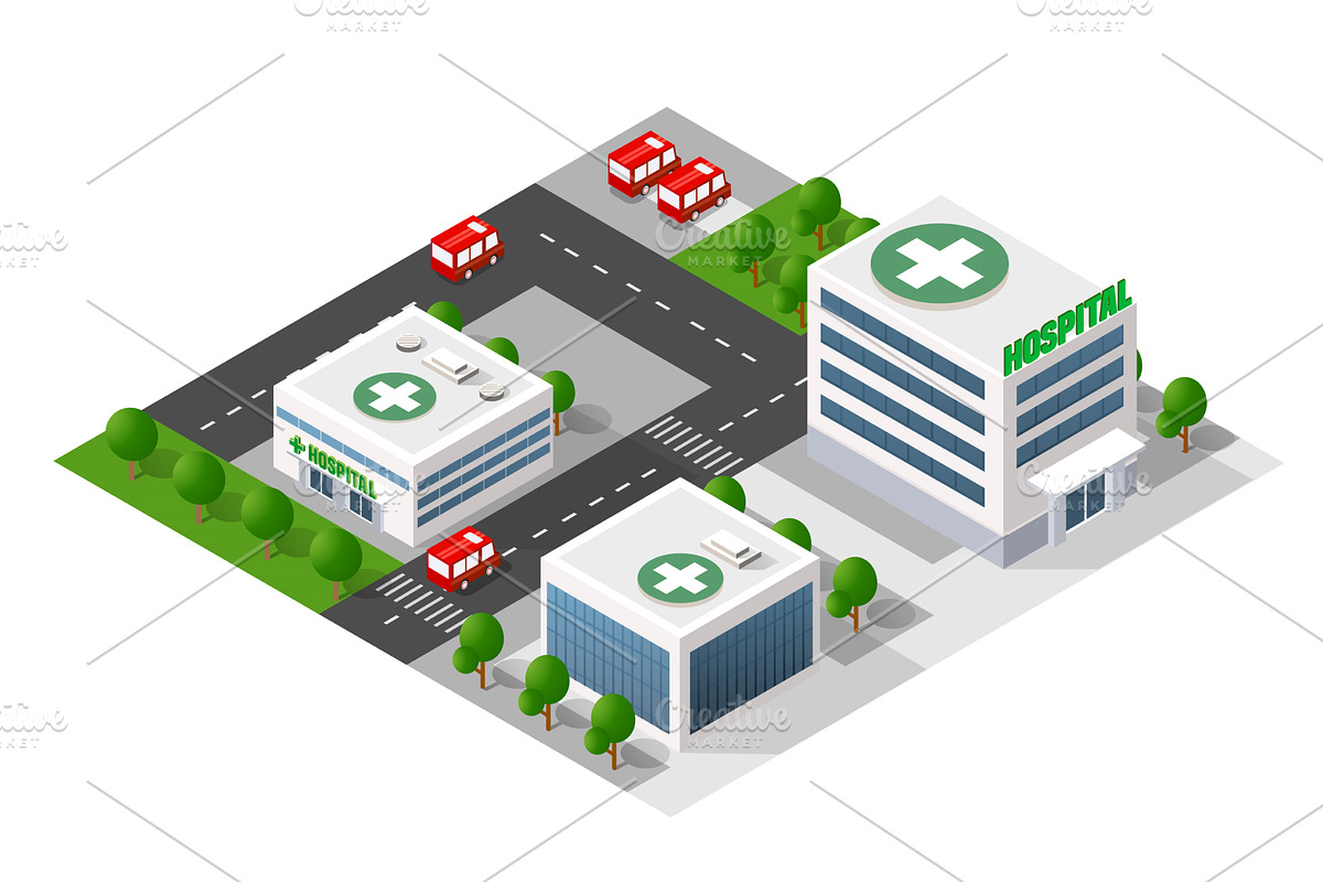 Isometric city hospital buildings, a Healthcare Illustration by AlexZeL