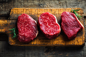 Fresh cuts of beef on a wooden, a Photo by Pavel_design