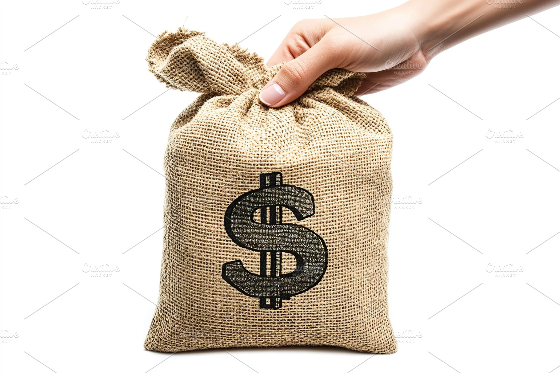 Female hand holding burlap bag with dollar symbol and banknotes on white backgr, a Business Photo by AlyaAnd