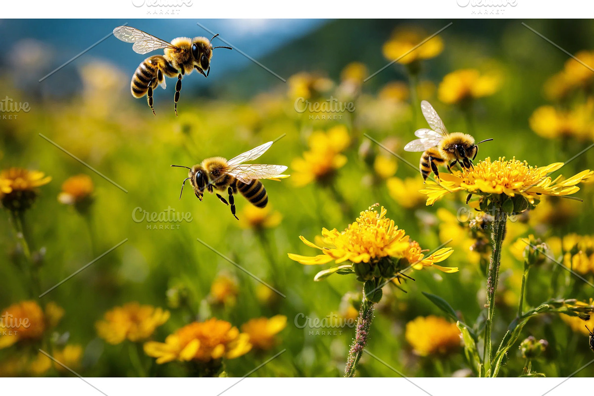 bees collect honey in a flower, an Animal Illustration by yanadjana