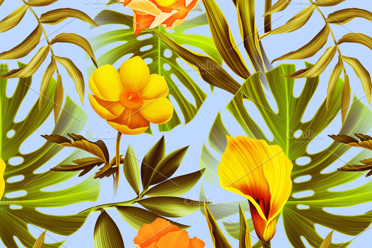 Palm leaves & tropical flowers, a Pattern Graphic by Luxury Fashion Prints