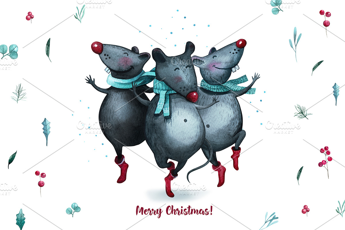 Christmas Mouse and flowers, an Illustration by YuliaBiser (Photo 2 of 11)