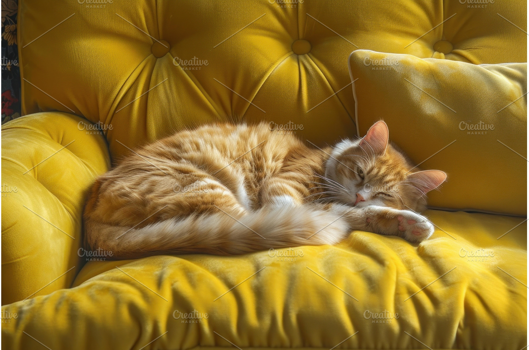 Cozy cat nap on yellow couch, an Animal Photo by Ylivdesign