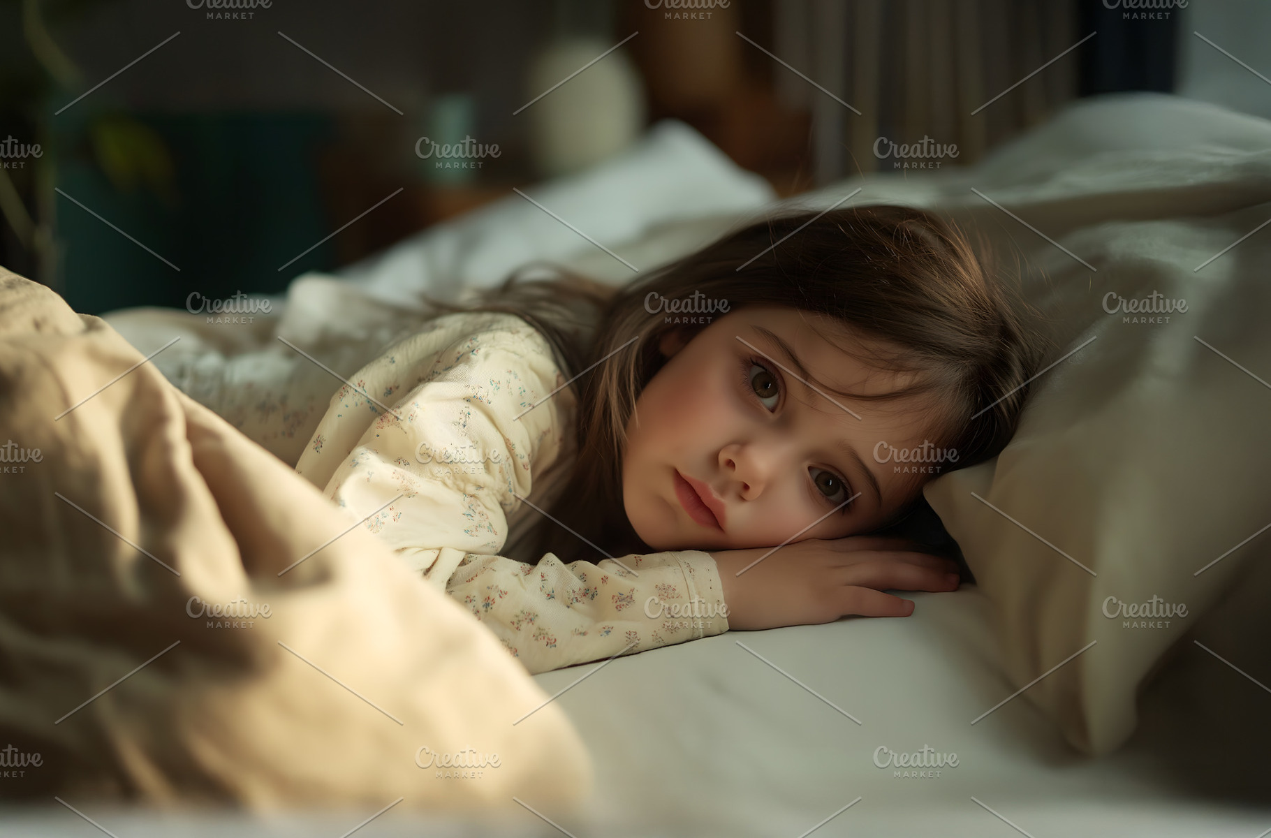 Sad little baby girl is lying in bed at home or hospital, a Person Photo by Lenor4ik