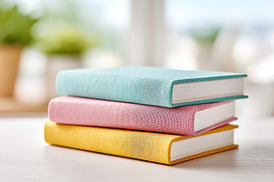Colorful stacked books on a table with soft background and plants in morning li, a Photo by AlyaAnd