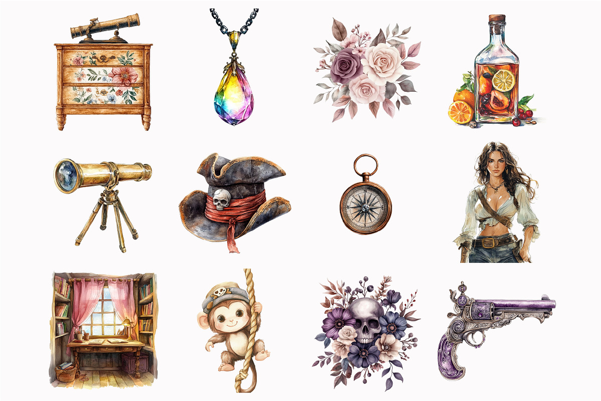 Watercolor Piratecore Clipart, an Illustration by Design Market (Photo 3 of 5)