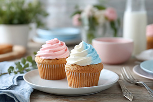 Cupcakes with pink and blue frosting for a gender reveal celebration at a cozy, a Photo by AlyaAnd