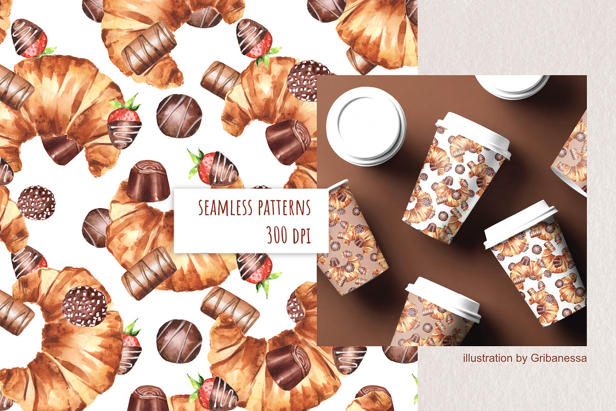 Croissants & Chocolate Pattern, a Pattern Graphic by Gribanessa (Photo 3 of 4)