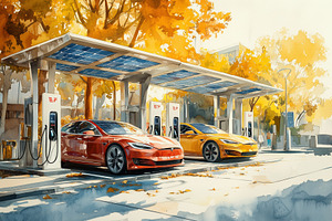 Two electric cars parked at a charging station under solar panels, surrounded b, a Technology Photo by Textures & Backgrounds