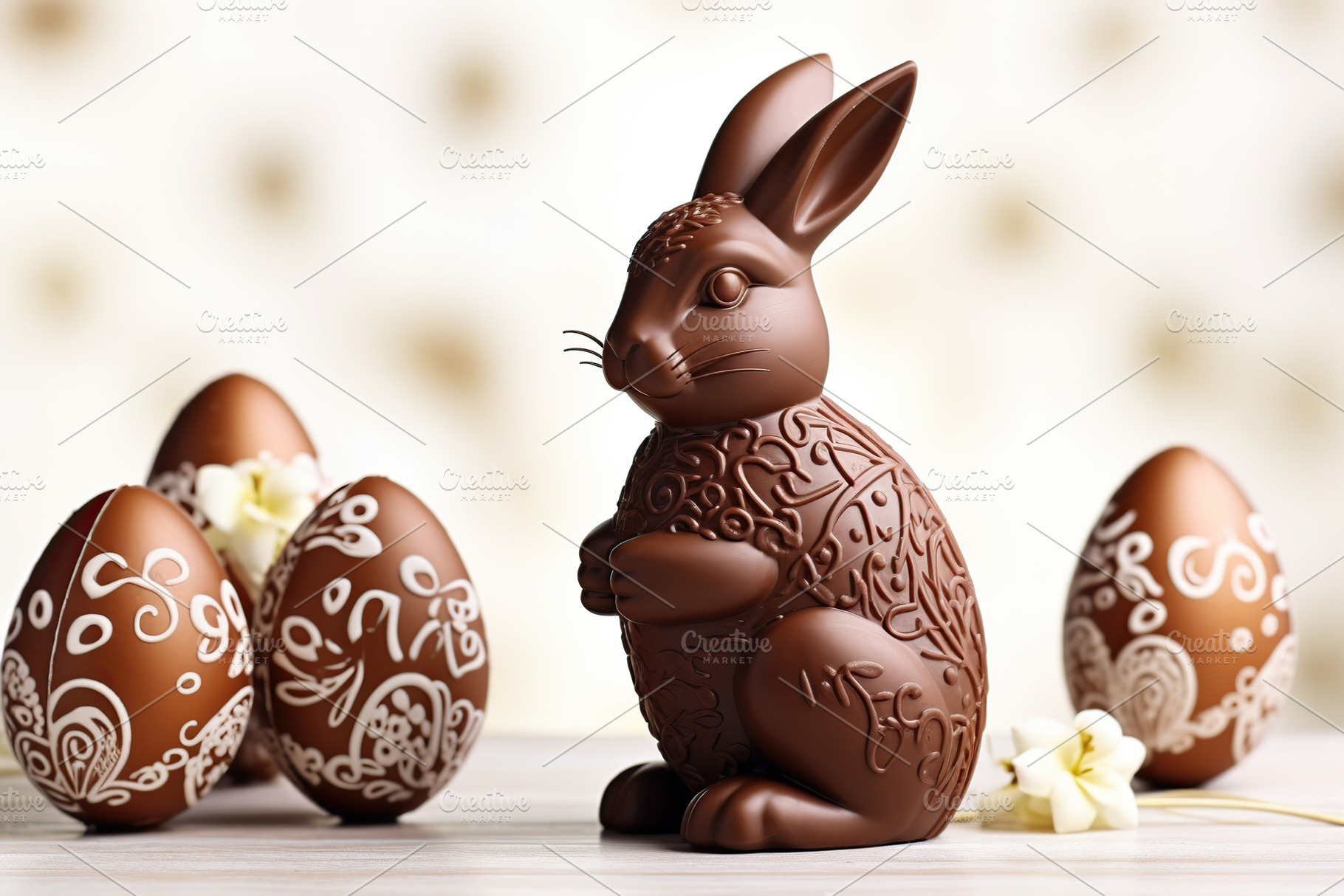 Sweet chocolate rabbit and easter eggs on wooden background, a Holiday Photo by AlyaAnd