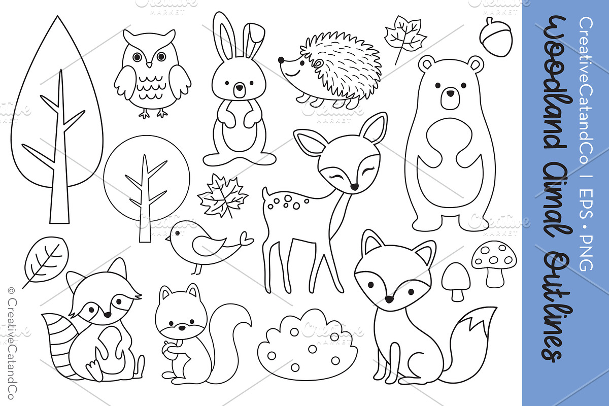 Woodland Animal Outlines Vector EPS, an Animal Illustration by CreativeCatandCo