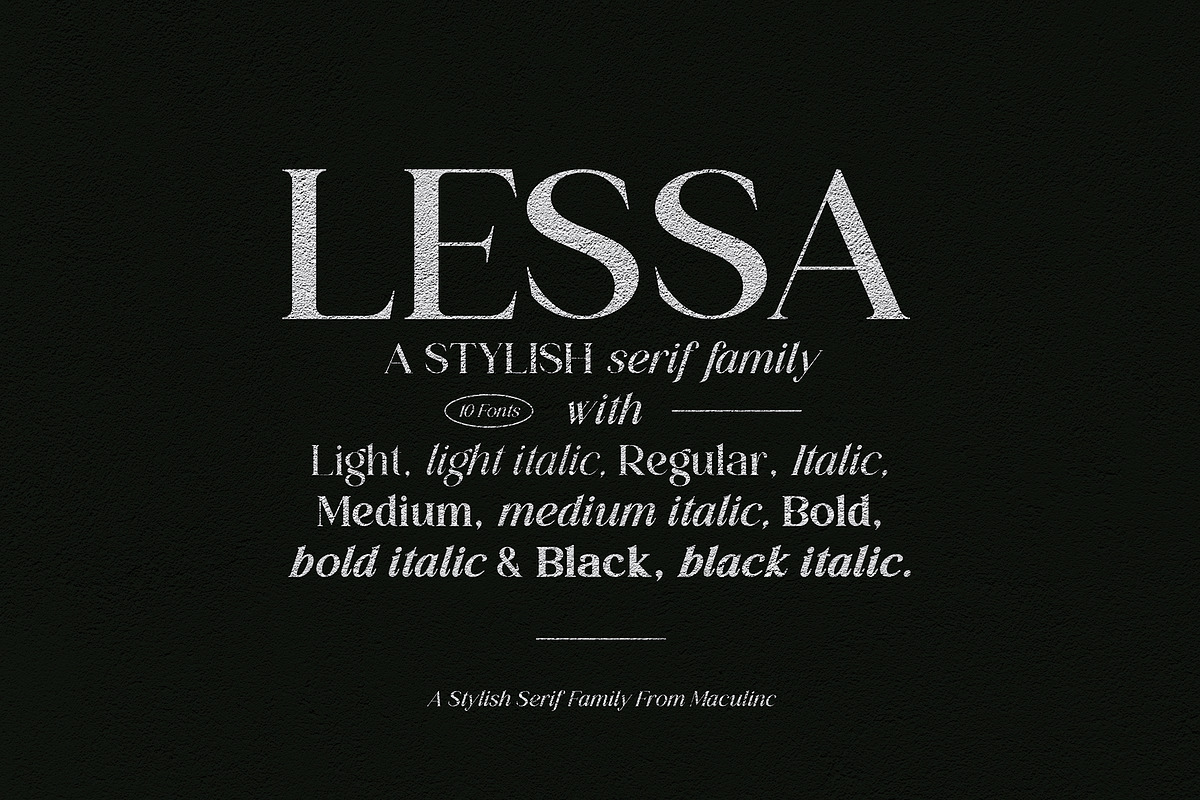 Lessa - Serif Font (10 Fonts), a Serif Font by Maculinc Type (Photo 1 of 18)